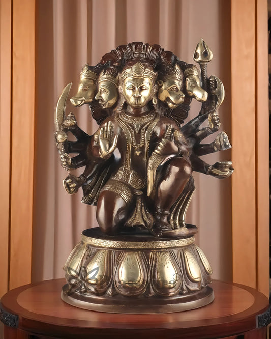 Brassaura™ Brass Panchmukhi Hanuman Idol – Height 13.5 Inches & Weight 9 Kgs | Dual Tone Chola Finish