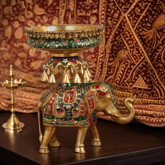 Brassaura™ Brass Elephant Urli with Intricate Stonework – 18.5 kgs, 20.5 Inches Height – Traditional Home Decor