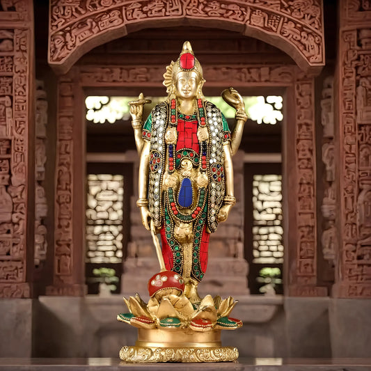 Brassaura™ Handcrafted Pure Brass Lord Vishnu Satya Narayan Idol with Intricate Stonework | 12 Inch Height | 4 KG Weight | Beautifully Adorned