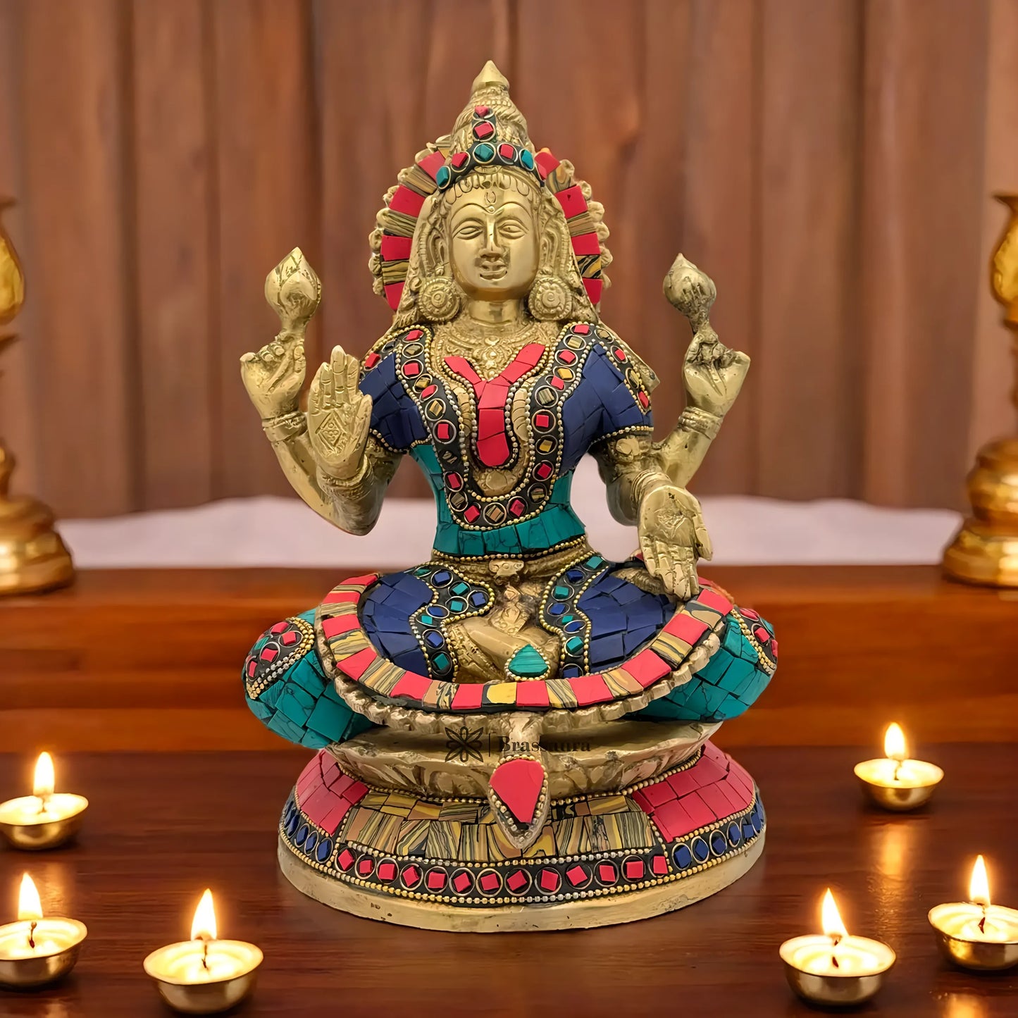 Brassaura™ Brass Gem Stone Work Goddess Laxmi Murti – Height 9.6 Inches & Weight 3.44 Kgs | Home & Temple Idol