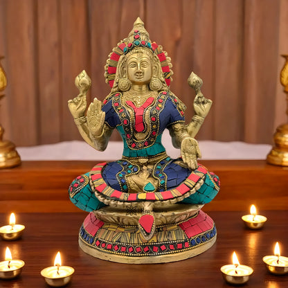 Brassaura™ Brass Gem Stone Work Goddess Laxmi Murti – Height 9.6 Inches & Weight 3.44 Kgs | Home & Temple Idol