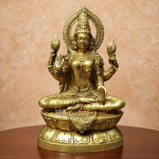 Brassaura™ Brass Laxmi Idol – Height 18 Inches & Weight 11 Kgs | Hindu Goddess Sculpture