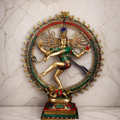 Brassaura™ Large Handcrafted Superfine Brass Nataraja Statue with Stonework | Height 36 Inches & Weight 35 Kgs