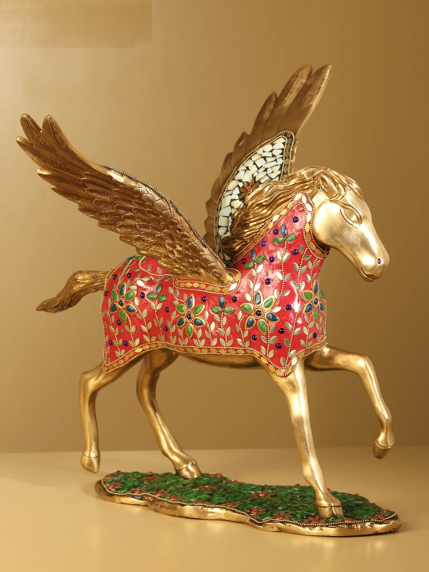 Brassaura® Pegasus Winged Horse Brass Sculpture with Inlay Work | Pure Brass | Height 16.5 Inches & Weight 10 kgs