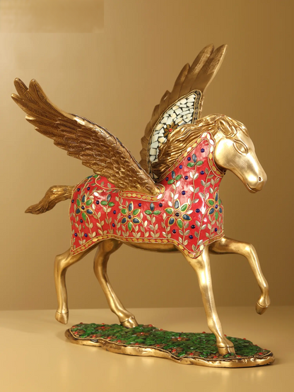Brassaura® Pegasus Winged Horse Brass Sculpture with Inlay Work | Pure Brass | Height 16.5 Inches & Weight 10 kgs
