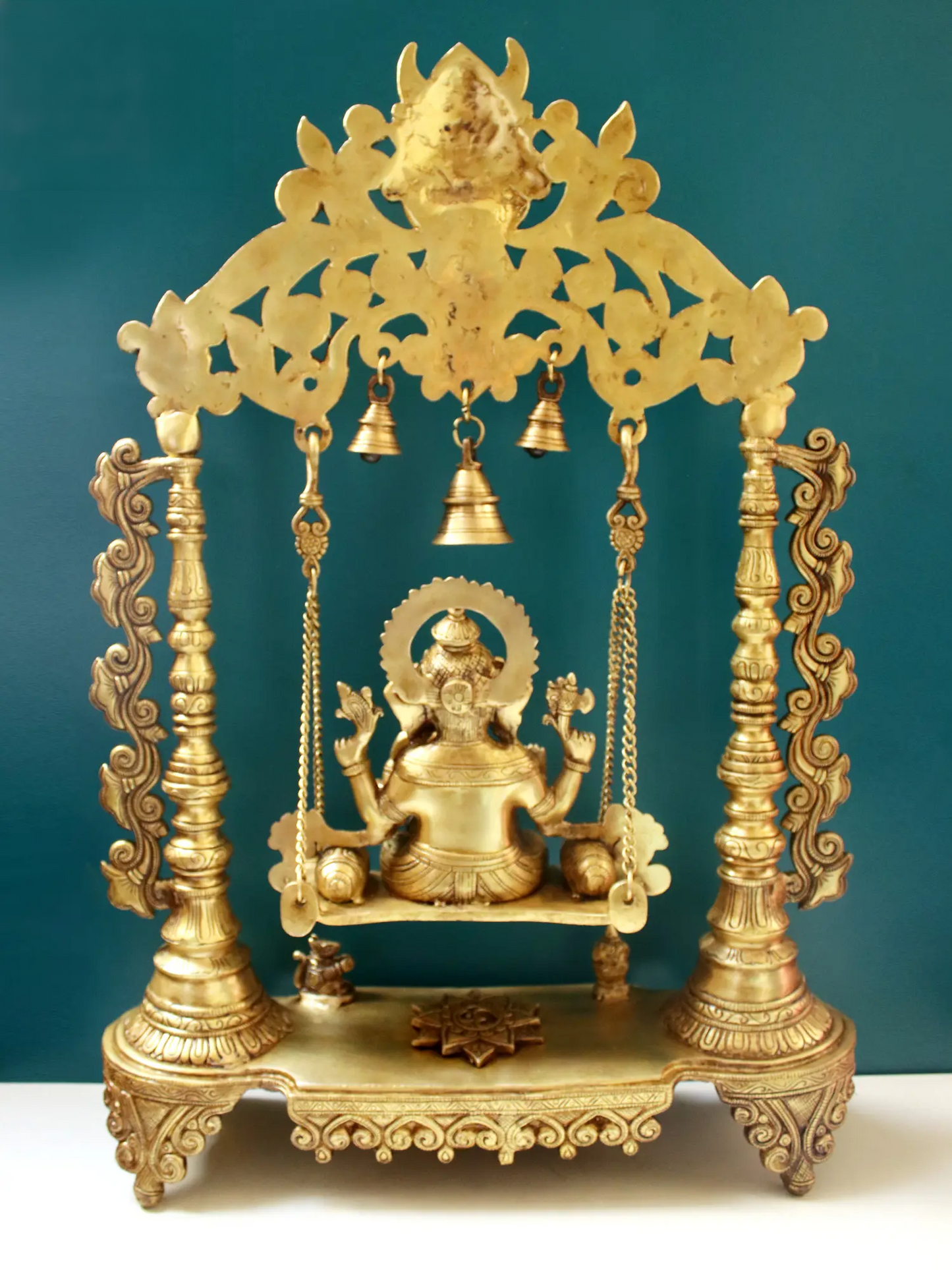 Brassaura™ Kirtimukha Lord Ganesha on Swing with Bells | Pure Brass Idol | Height 26 Inches & Weight 16.60 Kgs