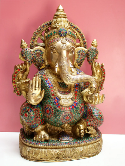 ब्रासौरा™ आर्क के साथ भगवान गणेश | मीनाकारी जड़ाई के काम के साथ शुद्ध पीतल | ऊंचाई 18 इंच और वजन 21 किलोग्राम
