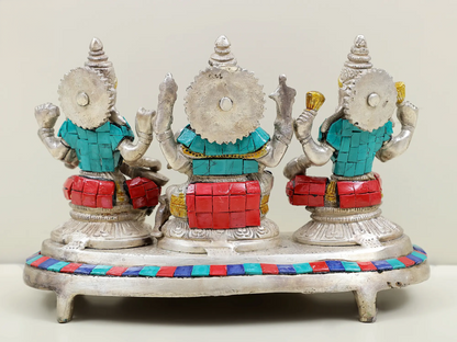 Brassaura™ Brass Laxmi Ganesh Saraswati Idol Set with Inlay Work for Diwali & Pooja Decor | 6 Inches | 3.10 kgs
