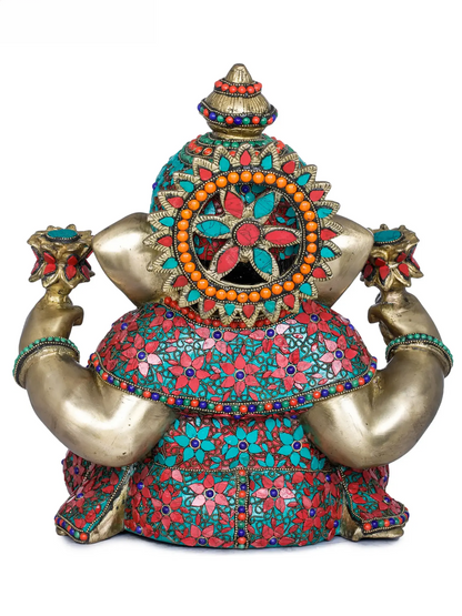 Brassaura® Lord Ganesha Holding Lotus Flowers in Hands | Brass with Meenakari Inlay Work | Height 13.8 Inches & Weight 14.40 kgs