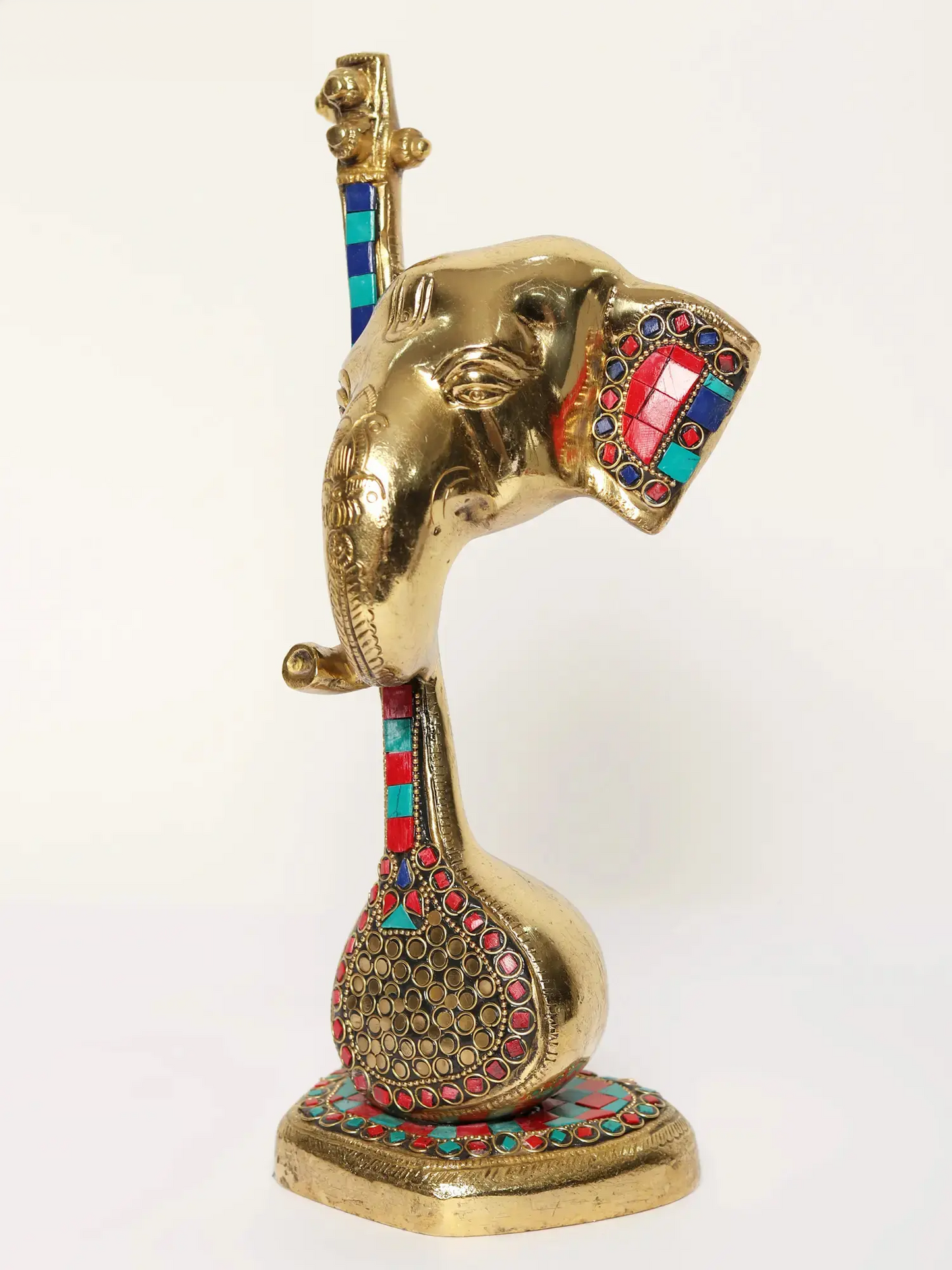Brassaura™ Brass Lord Ganesha Head with Veena & Stone Inlay Work | Height 12 Inches & Weight 3.06 kgs