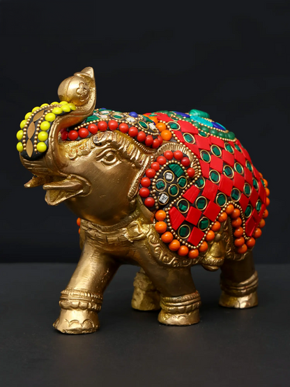ब्रासौर® मल्टीकलर इनले वर्क के साथ हाथी की पीतल की मूर्तियों का जोड़ा | शुद्ध पीतल | ऊंचाई 5.5 इंच और वजन 3.53 किलोग्राम