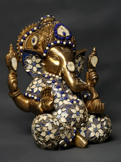 Brassaura™ Blessing Lord Ganesha Brass Idol with Inlay Work | Height 9 Inches & Weight 4.33 kgs