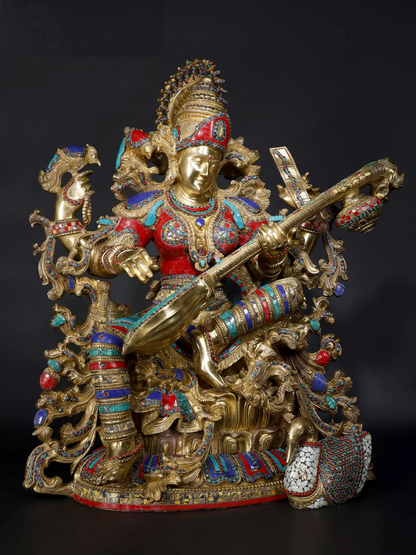 Brassaura® Grand Brass Goddess Saraswati Statue | 33.07 Inches | 87 kg