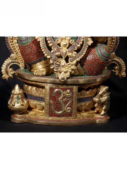 Brassaura™ Seated Lord Ganesha on Ornate Throne | Pure Brass with Meenakari Stonework | Height 24 Inches & Weight 33.38 Kgs