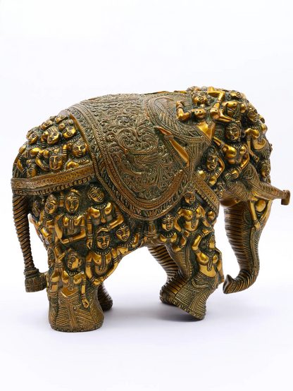 ब्रासुरा® जटिल रूप से गढ़ी गई पीतल की हाथी की मूर्ति | शुद्ध पीतल | ऊंचाई 11 इंच और वज़न 17 किग्रा