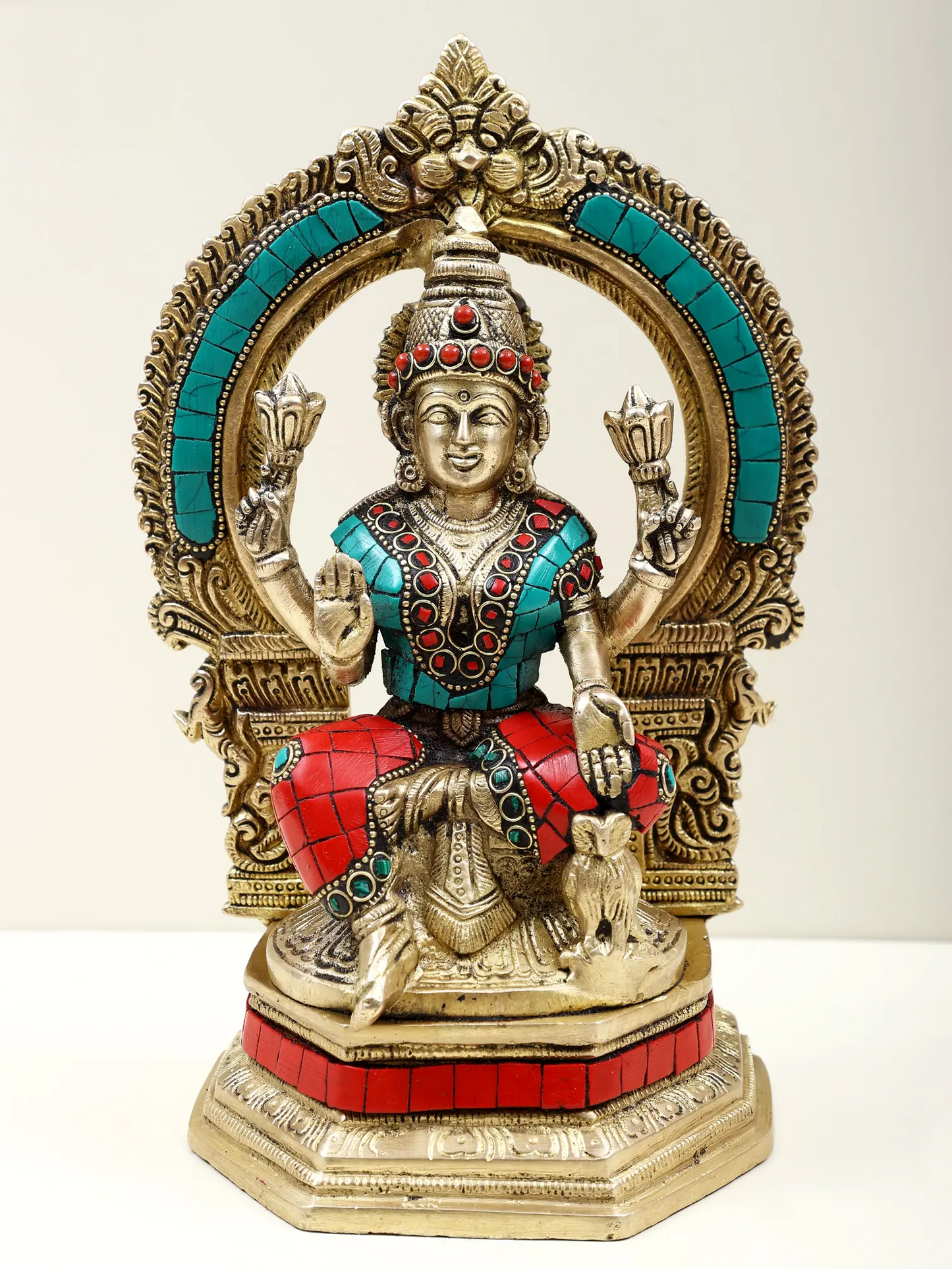 Brassaura™ ब्रास गणेश लक्ष्मी सरस्वती (जीएलएस) सेट | मीनाकारी इनले वर्क के साथ शुद्ध ब्रास | ऊंचाई 10 इंच और वज़न 9.48 किलोग्राम