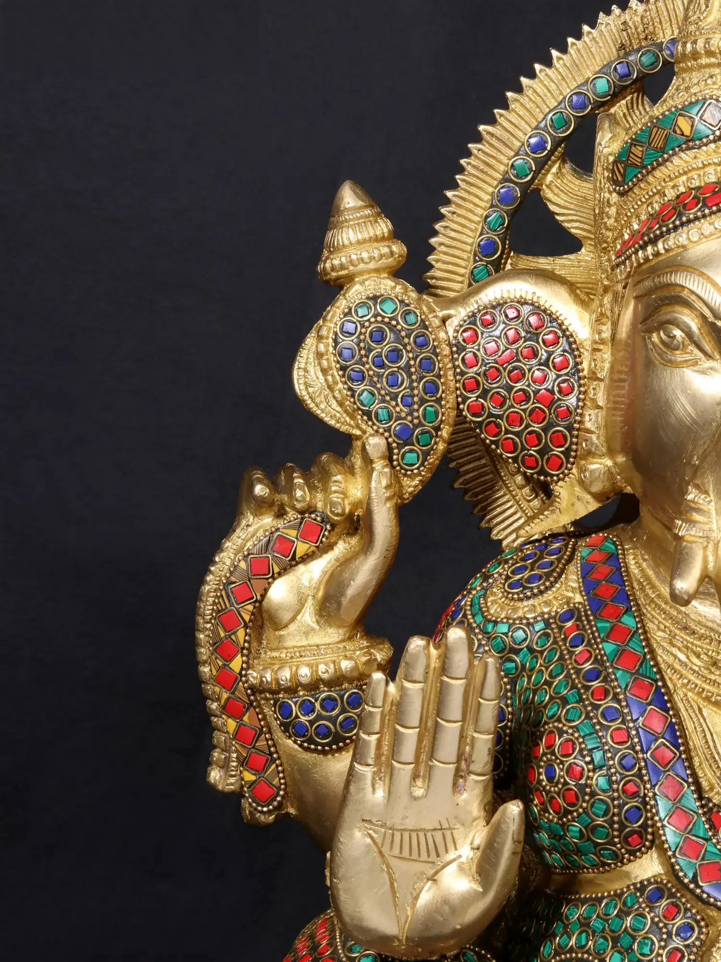 Brassaura™ Brass Lord Ganesha on Oval Base with Fine Stone Work | Height 18.5 Inches & Weight 19.82 kgs