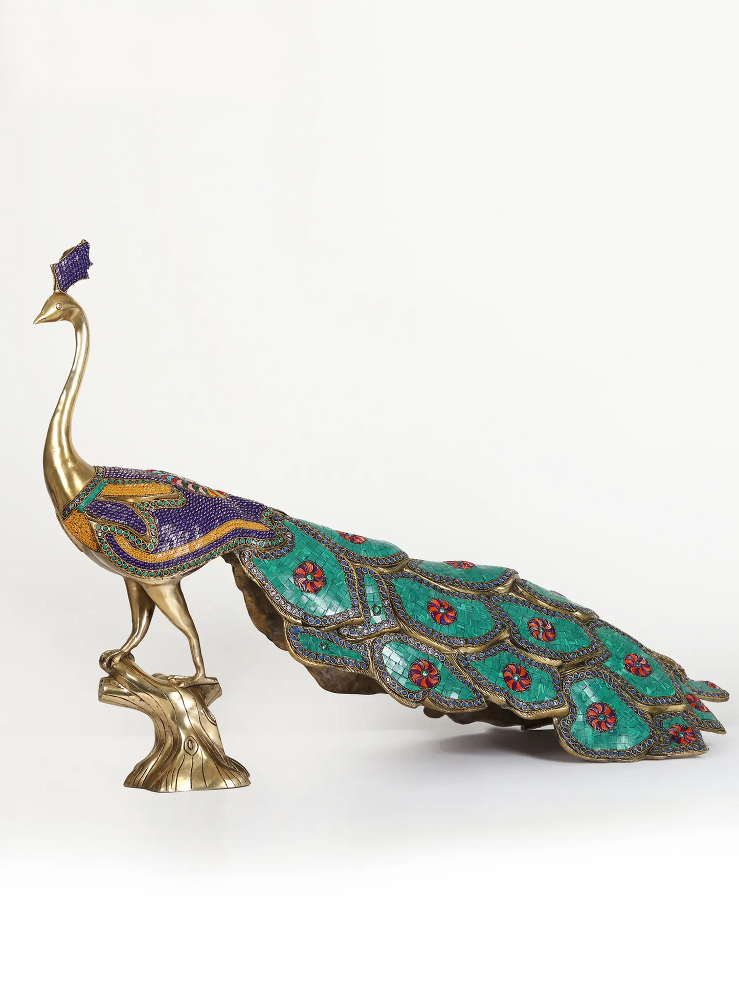 ब्रासौरा® ब्रास पीकॉक प्रतिमा स्टोन इनले वर्क के साथ | शुद्ध पीतल | ऊंचाई 24.8 इंच और वज़न 25.40 किलोग्राम