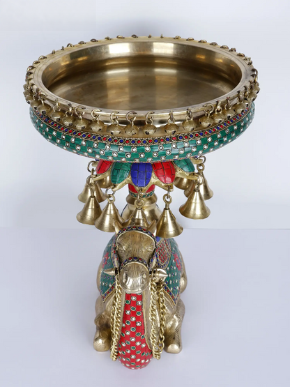 Brassaura® Royal Camel Brass Urli with Multicolor Inlay Work & Hanging Bells | Pure Brass | Height 16 Inches & Weight 15.75 kgs