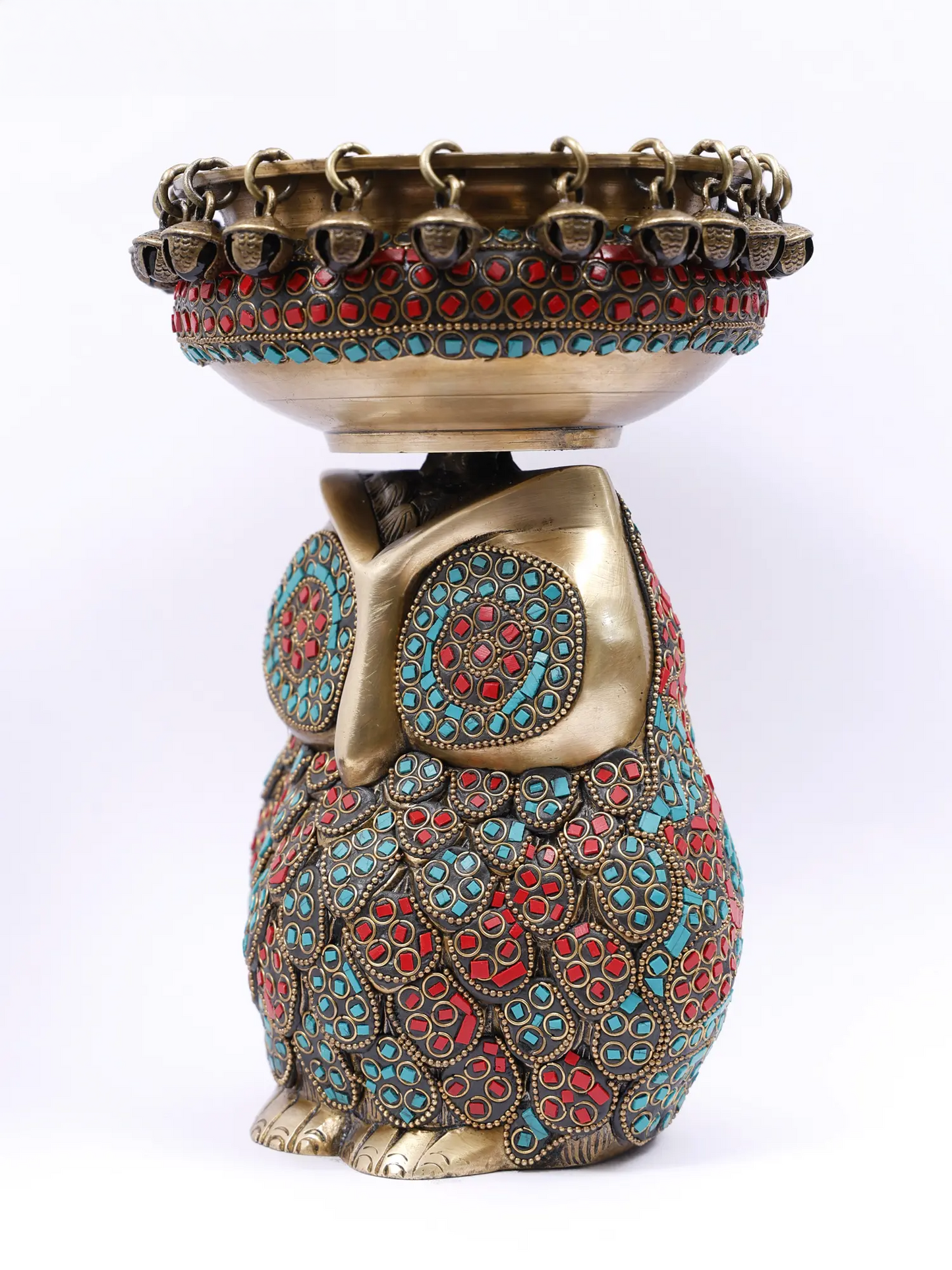 Brassaura® Decorative Brass Owl Urli with Inlay Work | Pure Brass | Height 10 Inches & Weight 4.15 kgs
