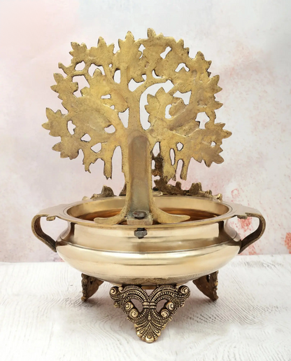 Brassaura® Brass Tree Urli Decorative Bowl with Stand | Pure Brass | Height 15.5 Inches & Weight 6.20 kgs