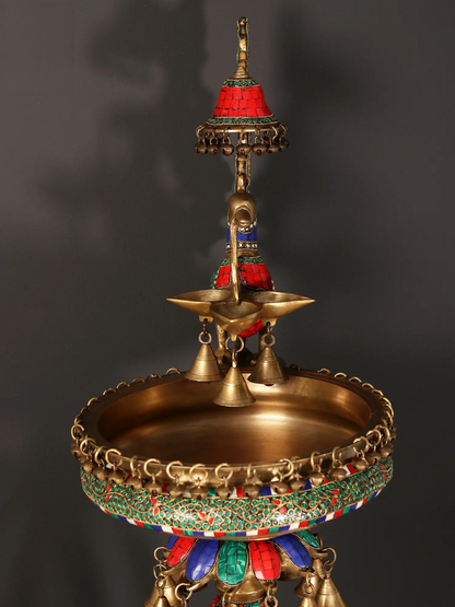 Brassaura® Peacock Brass Urli Stand with Inlay Work & Hanging Bells | Pure Brass | Height 41.5 Inches & Weight 21.70 kgs