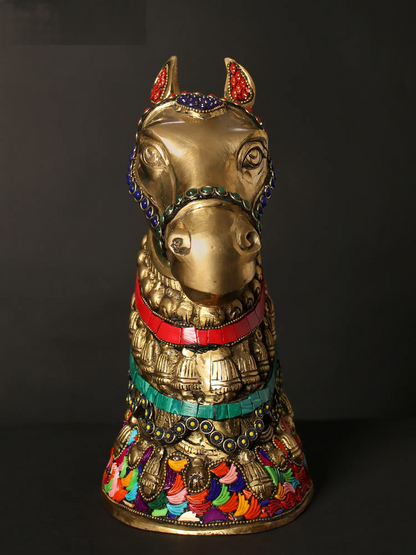 Brassaura® Decorative Brass Horse Bust with Inlay Work | Pure Brass | Height 10.4 Inches & Weight 4.25 kgs