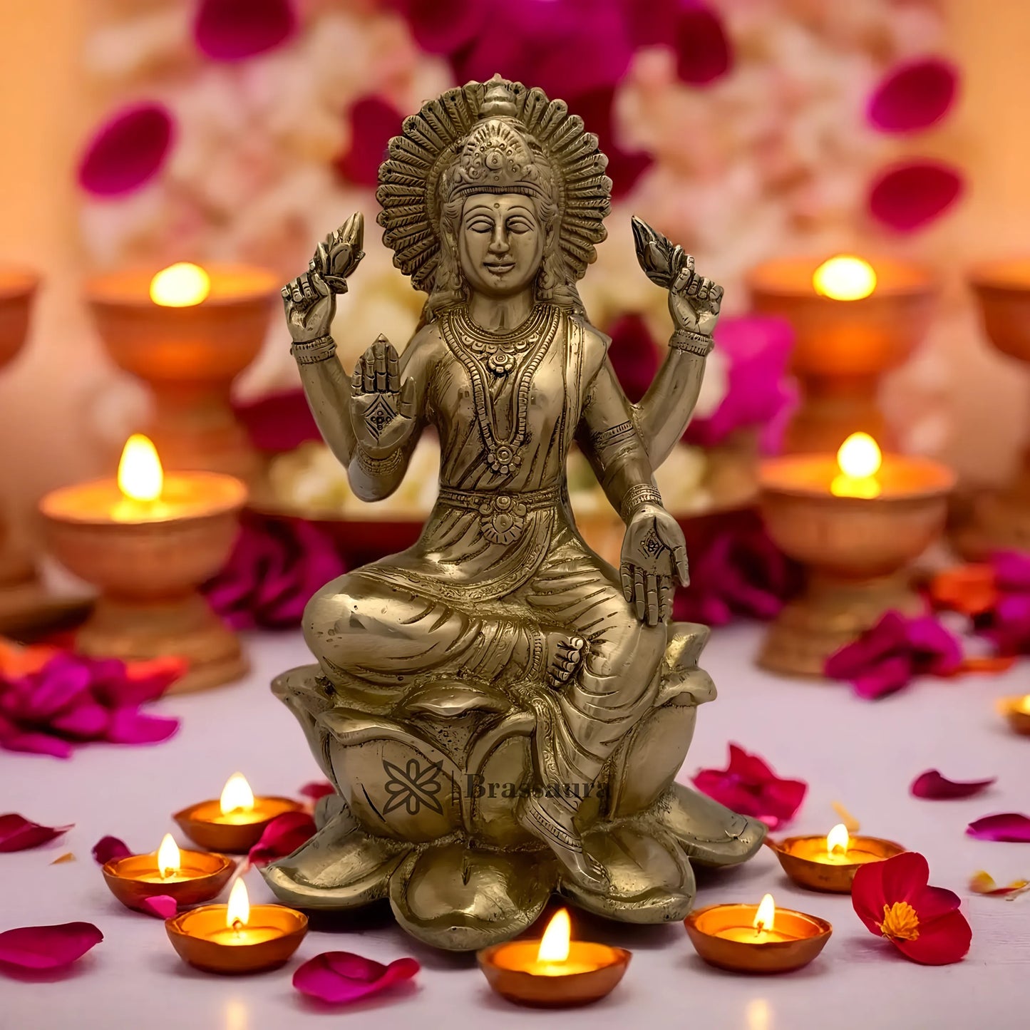 Brassaura™ Handcrafted Brass Laxmi Idol – Height 5.2 Inches & Weight 3.6 Kgs | Devotional Statue