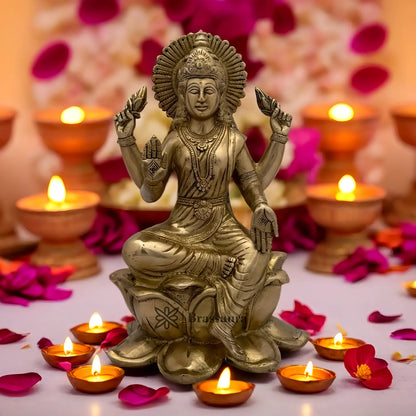 Brassaura™ Handcrafted Brass Laxmi Idol – Height 5.2 Inches & Weight 3.6 Kgs | Devotional Statue