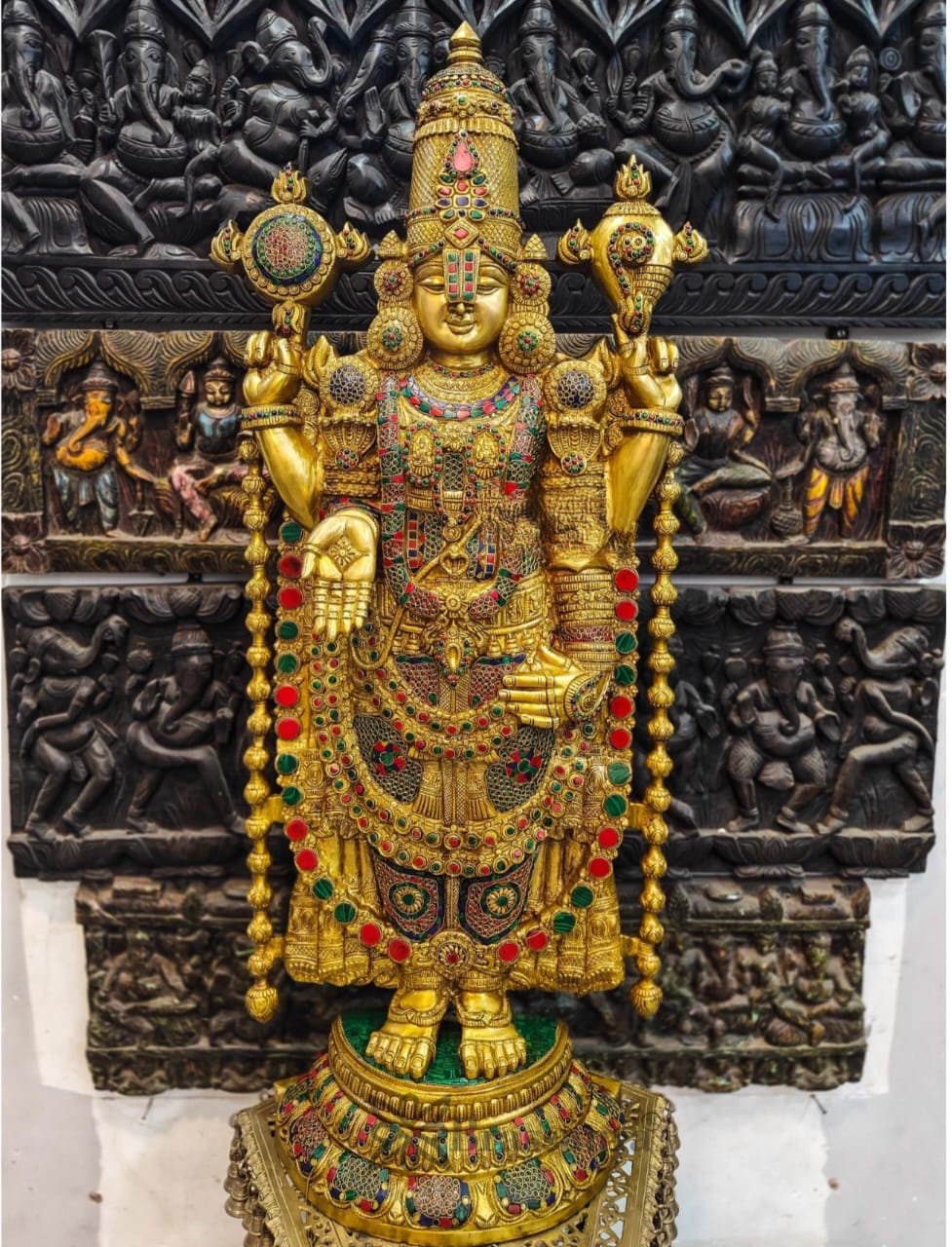 Brassaura™ Pure Brass Tirupati Balaji Idol with Stonework – 48 Inches, 49 Kgs
