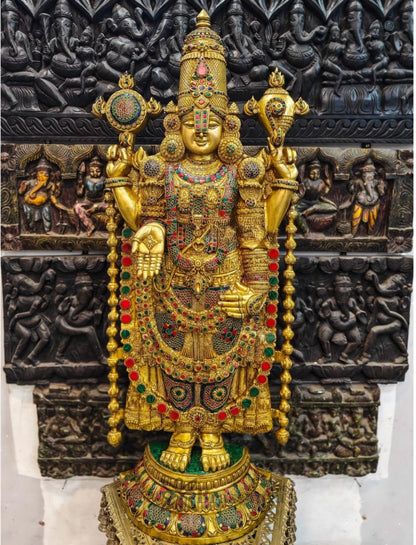 Brassaura™ Pure Brass Tirupati Balaji Idol with Stonework – 48 Inches, 49 Kgs