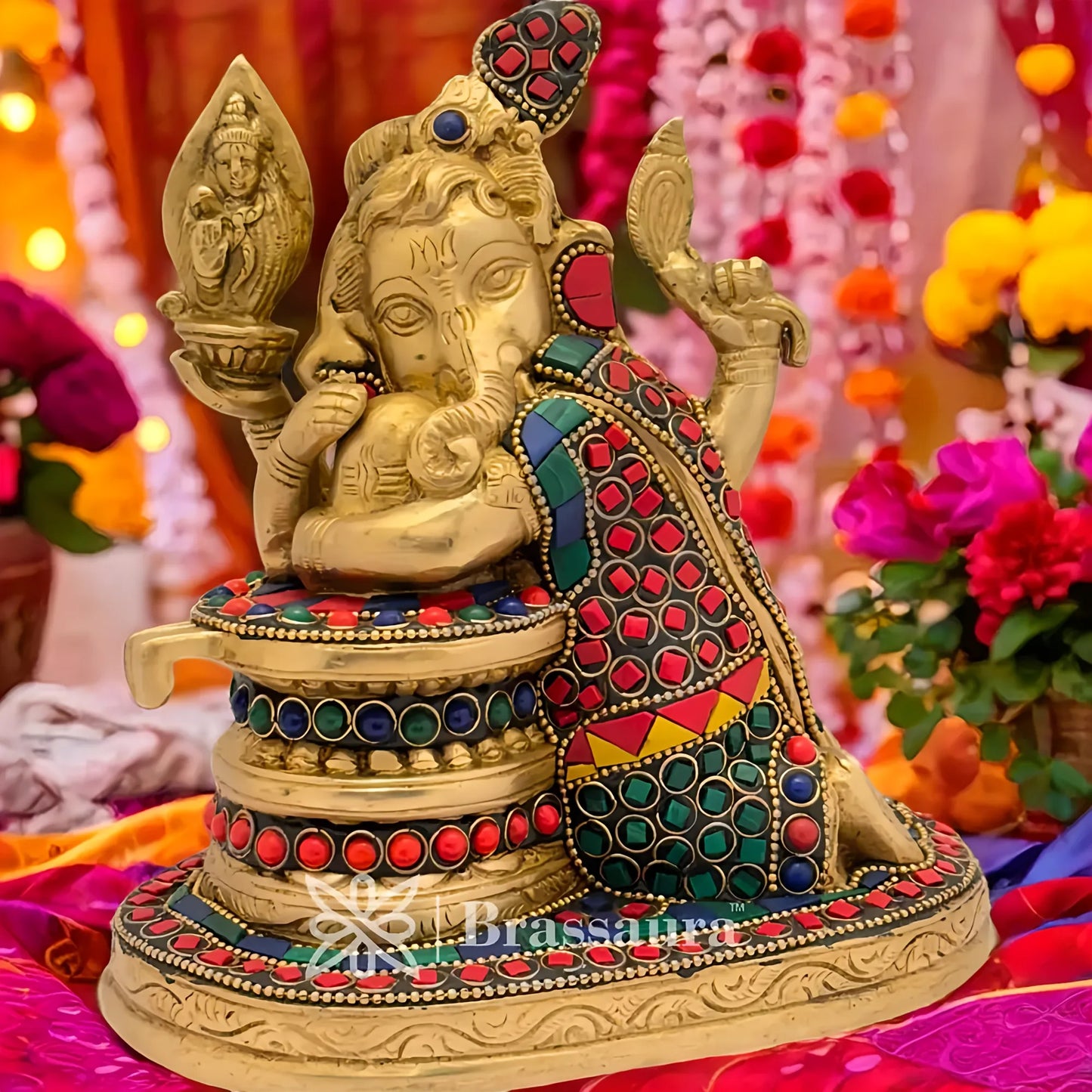 Brassaura™ Brass Gem Stone Work Ganesha with Shivling Idol for Home and Decor | Weight 1.9 Kgs | Height 6.30 Inches