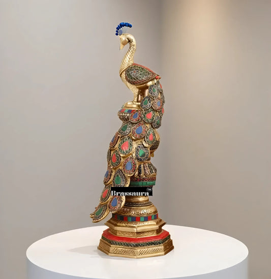 Brassaura™ Brass Large Peacock Showpiece with Meenakari Work – Height 20 Inches & Weight 8.5 Kgs