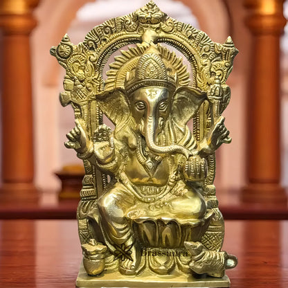 Brassaura™ Brass Golden Ganesha Murti – Height 8.7 inches & Weight 1.9 kgs | Ganpati Ring Idol for Pooja & Home Décor