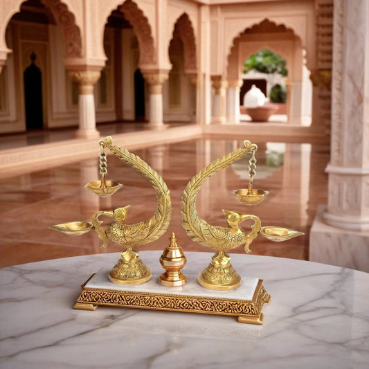 Brass Peacock Bird Design Diya Pair (2 Pcs) Stand Holder Oil Lamp Pooja Articles Home Decor Item - 8 Inch