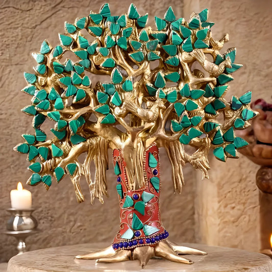 Brassaura™ Pure Brass Handcrafted Kalpavriksha Tree with Stonework | Tabletop Tree of Life Showpiece | Weight 1.2 Kgs | Height 9.5 Inches