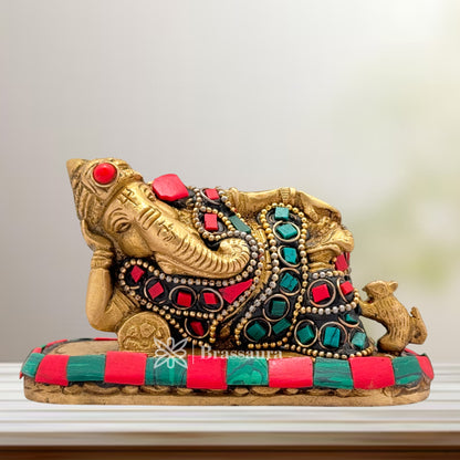 Brass Gem Stone Work Ganesha Idol for Home and Decor Weight .6 Kg Height 6 cm