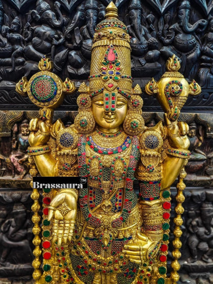 Brassaura™ Pure Brass Tirupati Balaji Idol with Stonework – 48 Inches, 49 Kgs