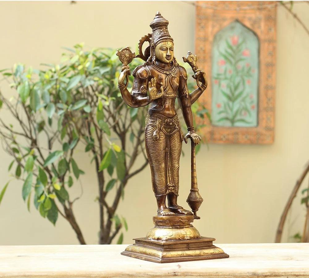 Brassaura® Lord Vishnu Standing Idol with Antique Finish | Pure Superfine Brass Handcrafted Murti | Brass Statue for Home Temple, Pooja Room | Height 21 Inches | Weight 6.8 Kgs