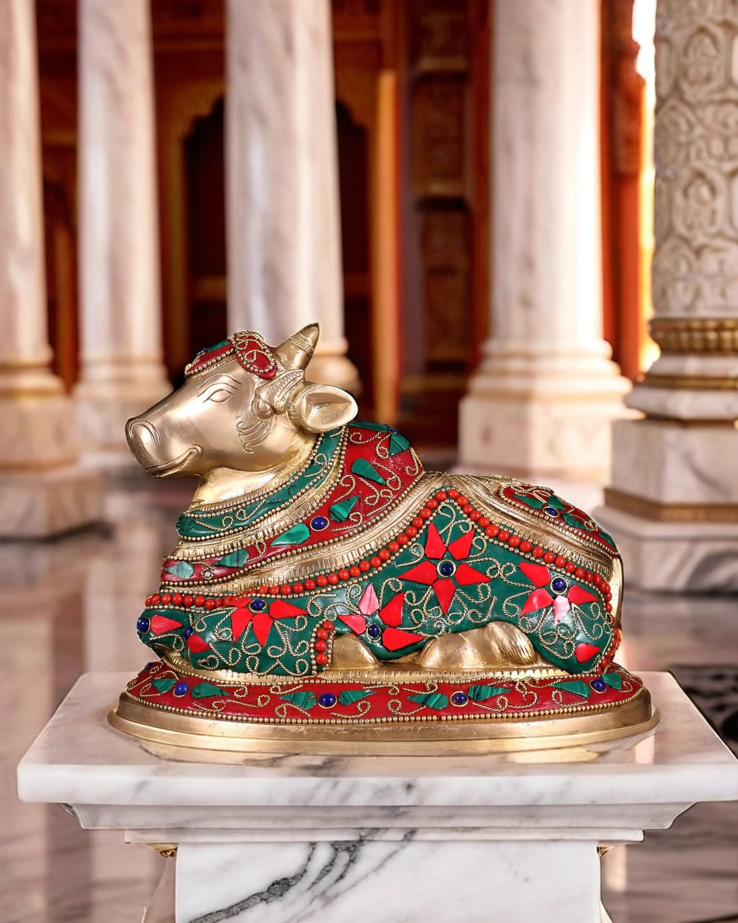 Brassaura™ Handcrafted Brass Nandi Statue with Floral Stone & Wirework – Height 6" & Weight 3.6 Kgs