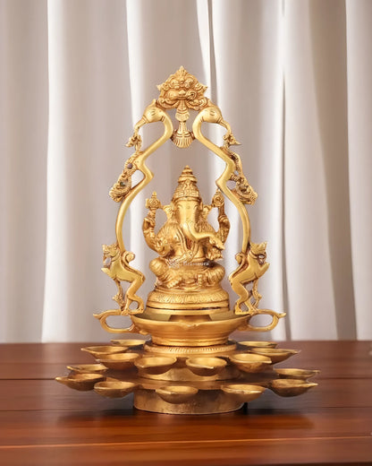 Brassaura™ Pure Brass Ganesha Statue with Diyas & Thiruvachi Frame – 12" Height, 3.8 kg – Divine Home Decor