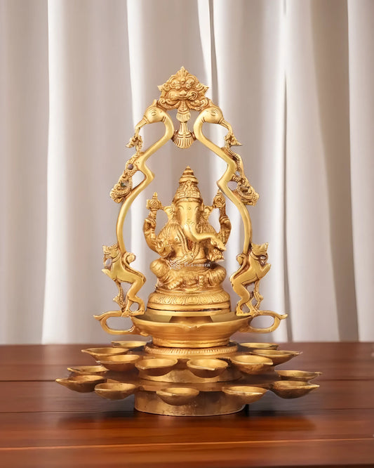 Brassaura™ Pure Brass Ganesha Statue with Diyas & Thiruvachi Frame – 12" Height, 3.8 kg – Divine Home Decor