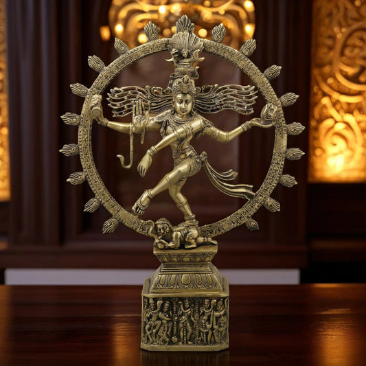 Brassaura™ Brass Nataraja with Parvati Idol – 23 inch | 11.14 kg | Antique Golden Finish | Dancing Shiva & Parvati Statue for Temple & Home Decor