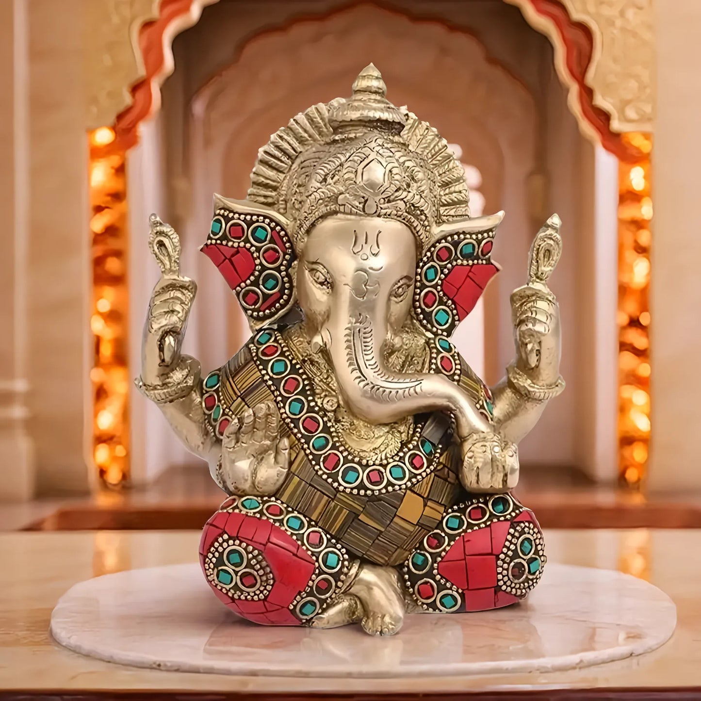 Brassaura™ Gemstone-Inlaid Brass Ganesha Murti for Home & Temple Décor | Height 5.9 Inches & Weight 1.5 Kgs