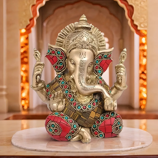 Brassaura™ Gemstone-Inlaid Brass Ganesha Murti for Home & Temple Décor | Height 5.9 Inches & Weight 1.5 Kgs