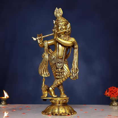 BRASS STANDING KRISHNA IDOL HEIGHT 18.5 INCH