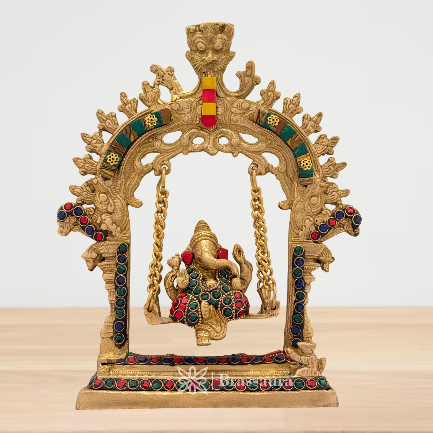 Brass Gem Stone Work Ganesha Jhula Idol for Home and Decor Weight 1.6 Kg Height 25 cm