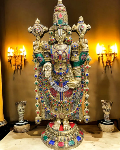 Brassaura™ Pure Brass Tirupati Balaji Idol with Stonework – 48 Inches, 49 Kgs