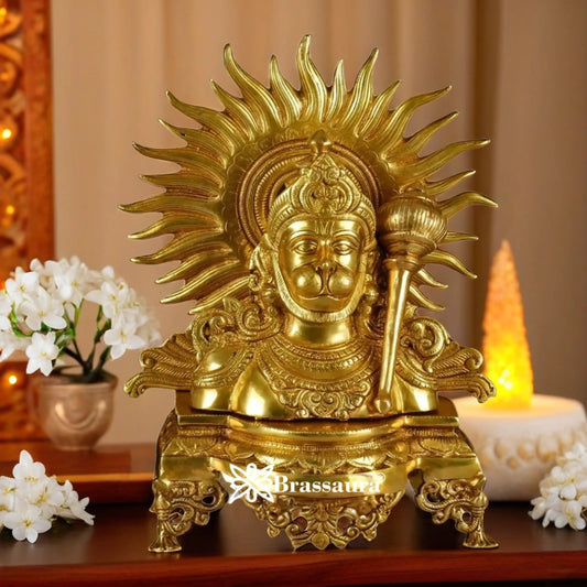 Brassaura™ Brass Golden Hanuman Bust Idol – Height 14 Inches & Weight 7.36 Kgs | Pooja & Temple Use