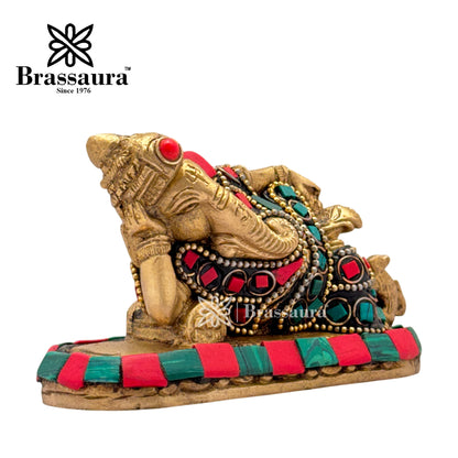 Brass Gem Stone Work Ganesha Idol for Home and Decor Weight .6 Kg Height 6 cm